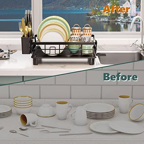 Iron Dish Drying Rack with Drainboard Dish Drainers for Kitchen Counter Sink Adjustable Spout Dish Strainers with Utensil Holder and Knife Slots, Black - Görsel 6
