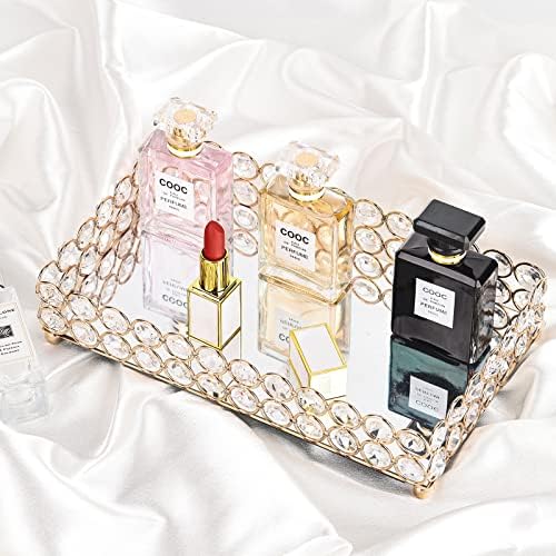 Elegant Gold Crystal Mirror Perfume Tray for Vanity, Coffee Table, and Home Decor - Small Glass Tray for Jewelry, Perfume, and Decorative Items - Bandeja para Perfumes, Perfume Trays for Dresser - Görsel 1