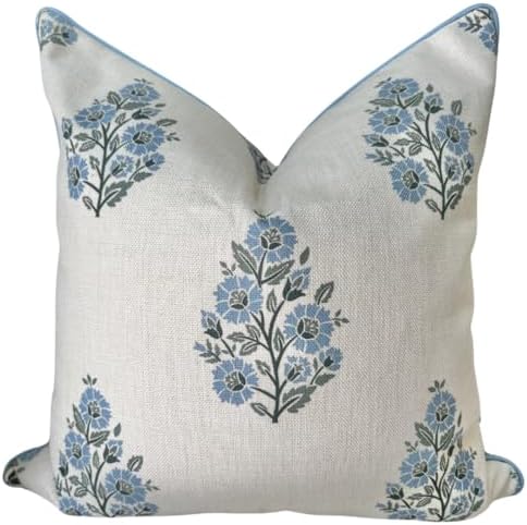 Floral Pillow Cover Camille Blockprint Throw Pillow for Home Grandmillennial 20"x20" Pillow Cover Floral Pillow Cover Grandmillennial Home Decor - Görsel 1