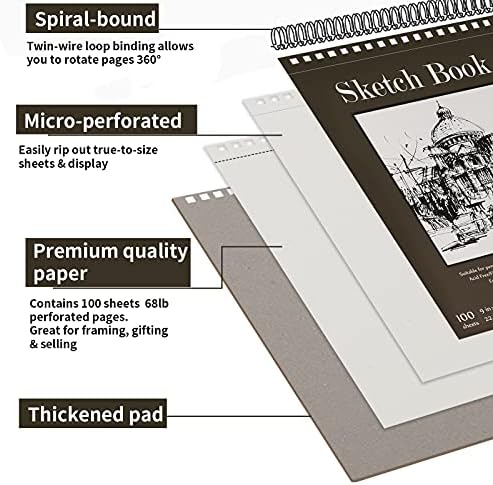 9 x 12 inches Sketch Book, Top Spiral Bound Sketch Pad, 1 Pack 100-Sheets (68lb/100gsm), Acid Free Art Sketchbook Artistic Drawing Painting Writing Paper for Kids Adults Beginners Artists - Görsel 3