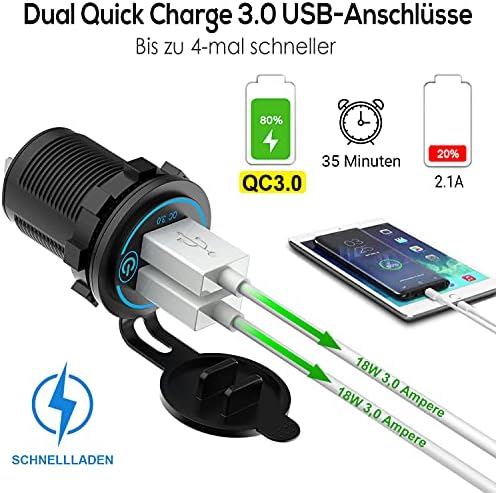 2 x 36 W Quick Charge 3.0 USB priz, 12 V/24 V, şalterli, QC 3.0 araç şarj cihazı, montaj soketi, su geçirmez, çakmak girişi, USB soketi, motosiklet, tekne, kamyon, karavan için - Görsel 3