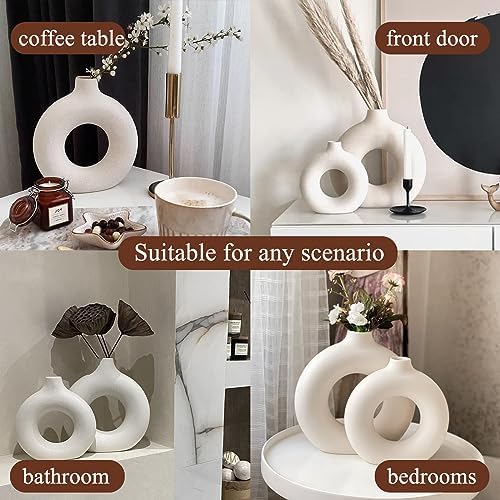 White Ceramic Donut Vase Set of 2, Hollow Matte Pampas Flower Vases for Boho Home Wedding Party Room Dinner Table Shelf Decor.（White） - Görsel 5