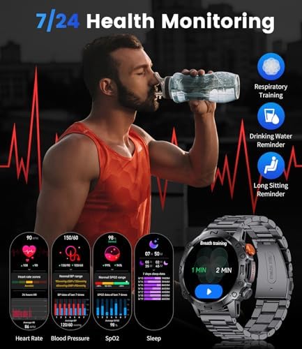 ESFOE 1.43'' AMOLED Military Smart Watches for Men, 5ATM Waterproof/460mAh/126 Sports Modes Fitness Tracker Heart Rate Blood Pressure SpO2 Monitor Tactical Smart Watches Android iOS - Görsel 5