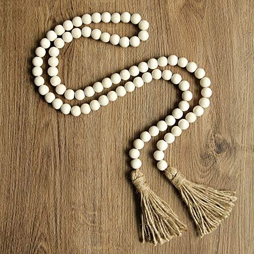 58in Wood Bead Garland with Tassels,Farmhouse Beads Rustic Country Decor Prayer Boho Beads Wall Hanging Decoration (Nature) - Görsel 3