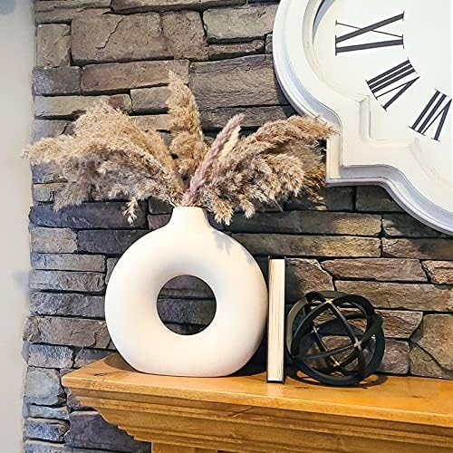 White Ceramic Vase, Modern Vase for Minimalist Decor, Hollow Round Matte Pampas Flower Vases for Boho Home Wedding Party Room Dinner Table Shelf Decor (2pcs) - Görsel 2