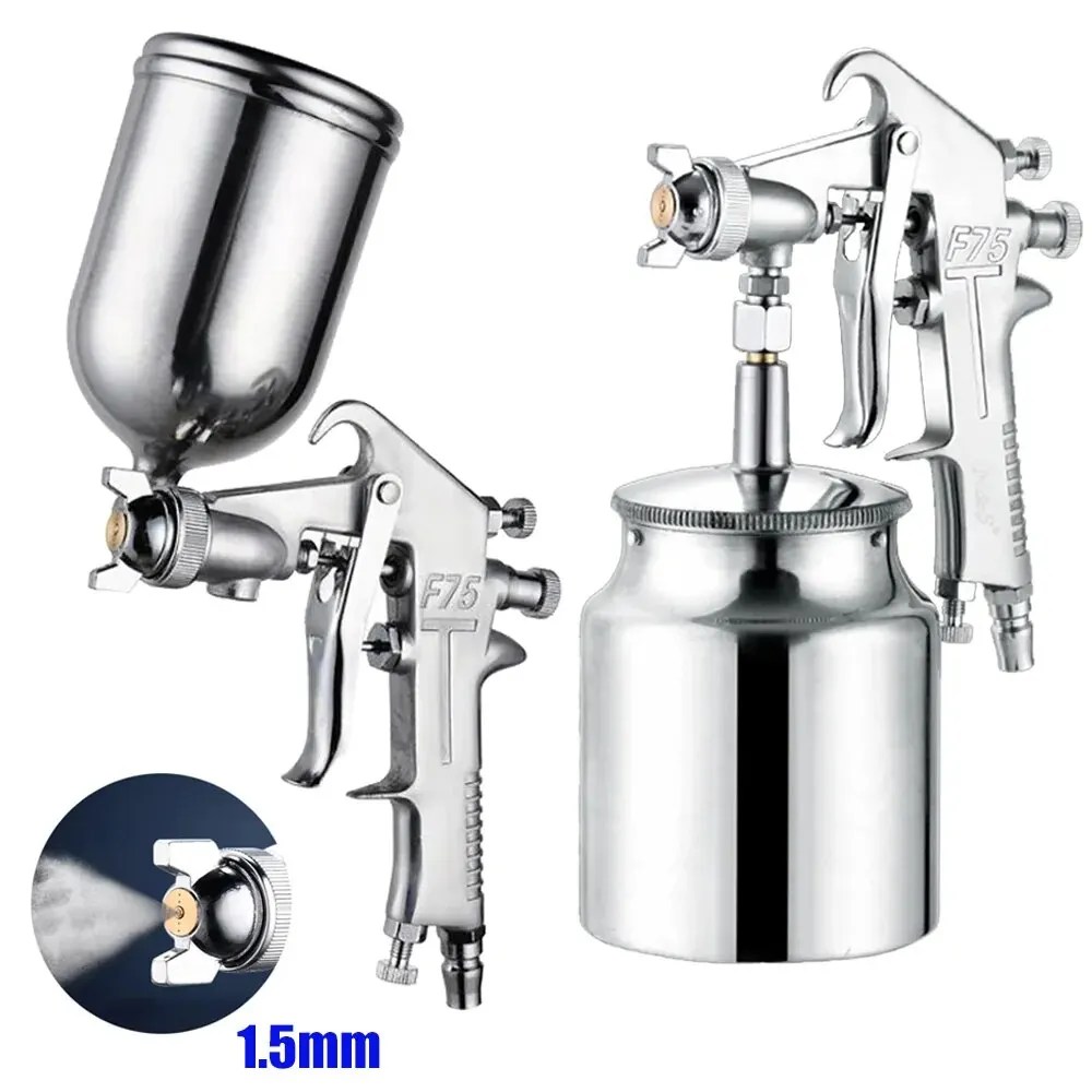 F-75 Spray Gun 1.5mm Nozzle with Cup Silver Handle Adjustable Color Spray Gun for Automotive Furniture Parts Painting - Görsel 1