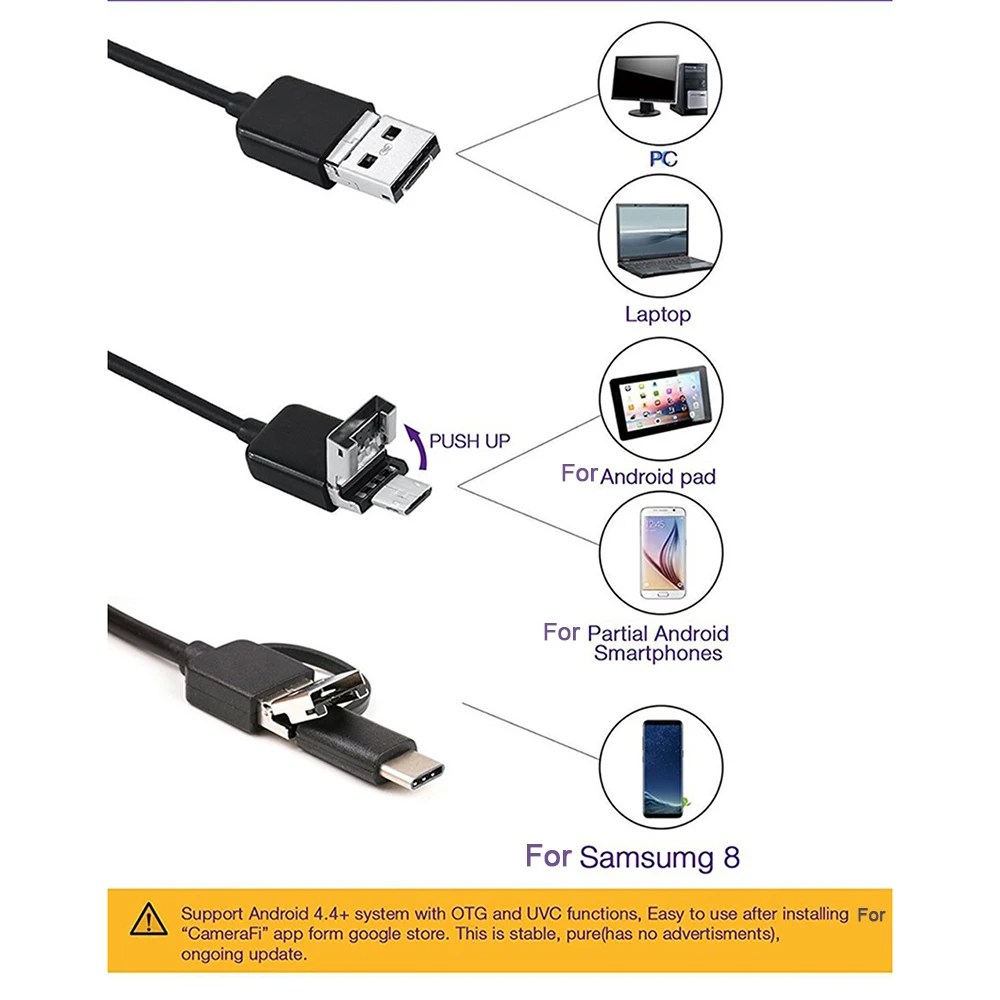 Pratik 7MM Android endoskop 3 In 1 USB/mikro USB/tip-c Borescope muayene kamera su geçirmez IP67 Smartphone bilgisayarlar için - Görsel 5