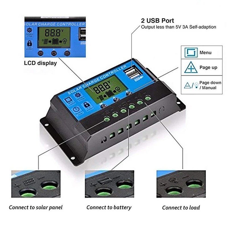 Regolatore solare 12V/24V 30A 20A 10A regolatore solare şarj PWM ekran LCD doppia uscita USB 5V - AliExpress 13 - Görsel 3