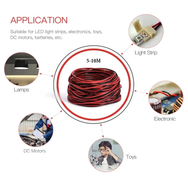 5/10 metre 2 Pin elektrik telleri 28/26/24/22/20/18/16 AWG kırmızı siyah düz şerit kablo hoparlör tel LED araç ses konektörü - AliExpress - Görsel 3