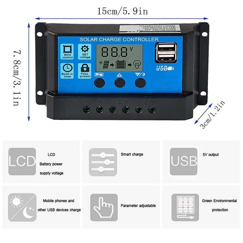 Regolatore solare 12V/24V 30A 20A 10A regolatore solare şarj PWM ekran LCD doppia uscita USB 5V - AliExpress 13 - Görsel 2