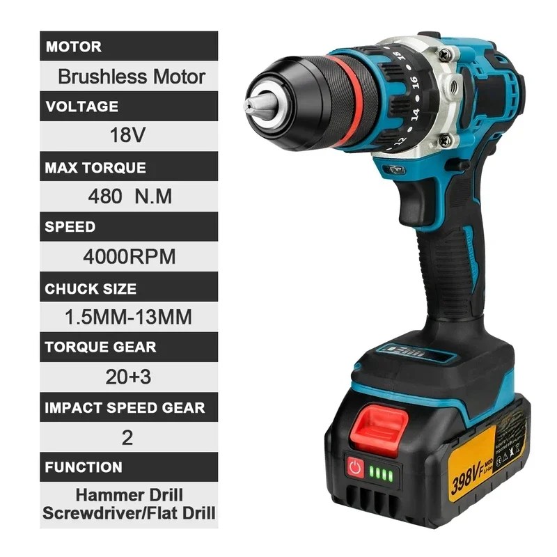 18V 13mm 480N.M fırçasız elektrikli darbeli matkap akülü matkap elektrikli tornavida DIY sürücü güç aracı için 18V pil - AliExpress 1420 - Görsel 4