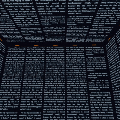 Columns of white scrolling text on a black background