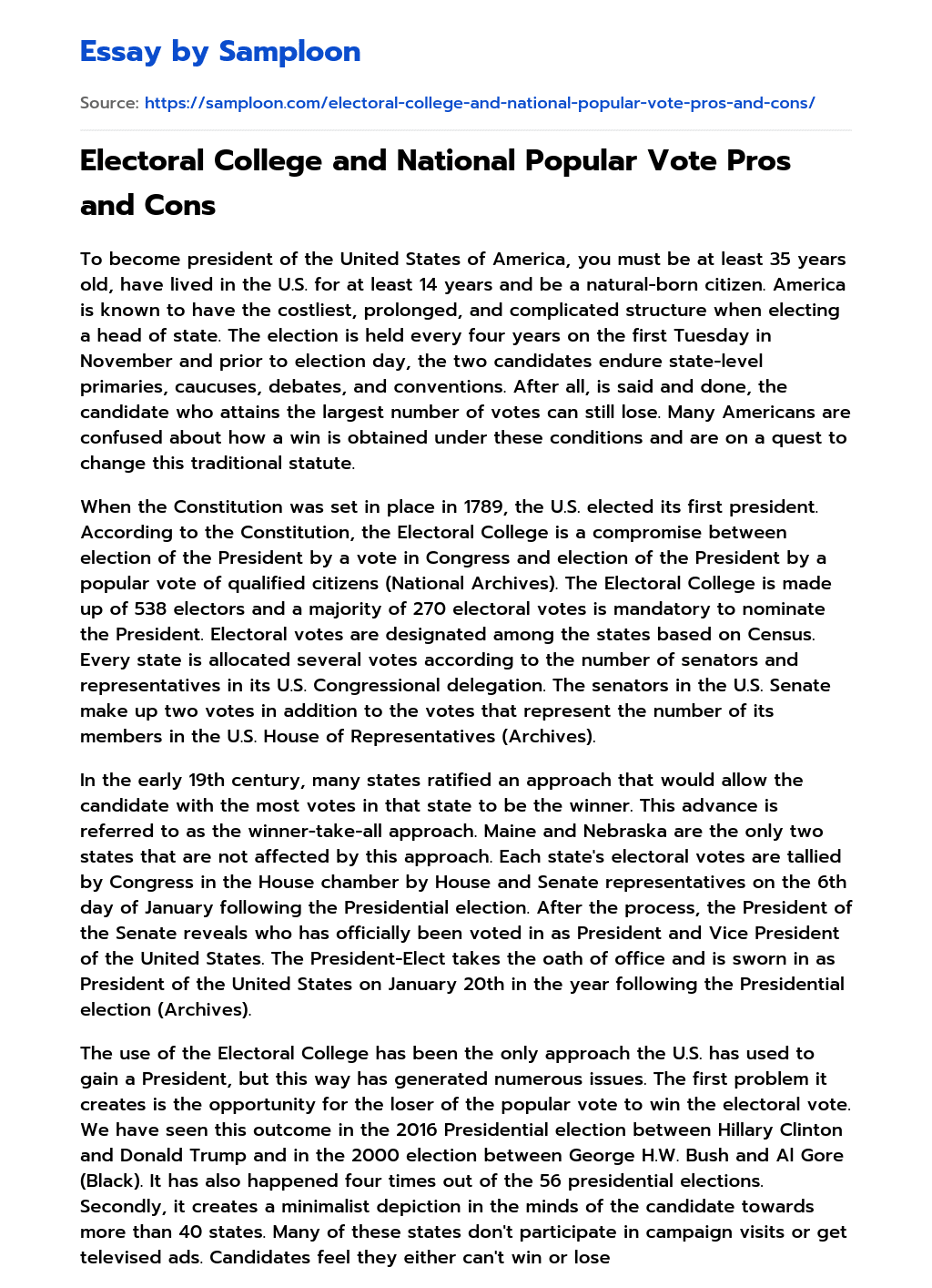 ≫ electoral college and national popular vote pros and cons free essay