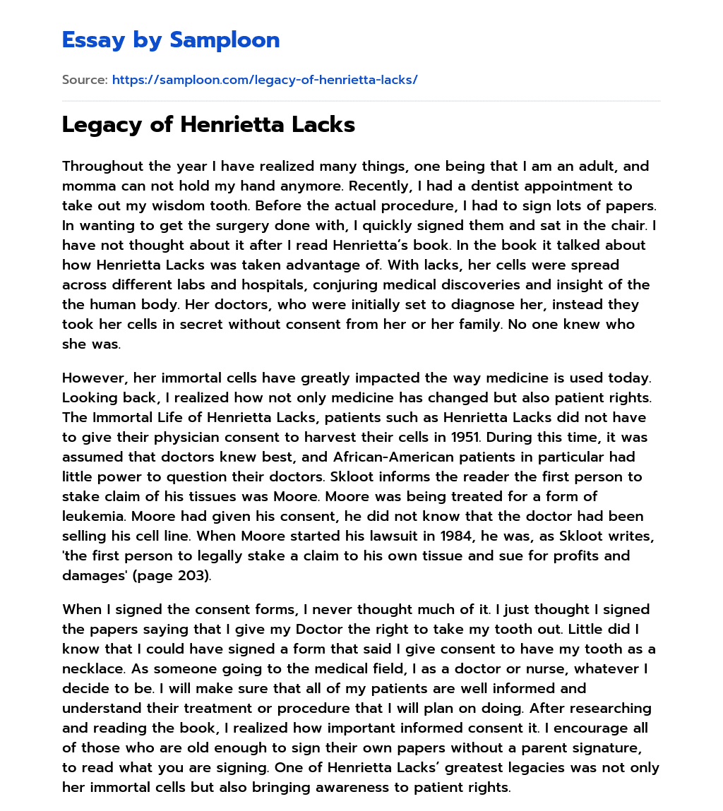 ≫ legacy of henrietta lacks free essay sample on samploon.com