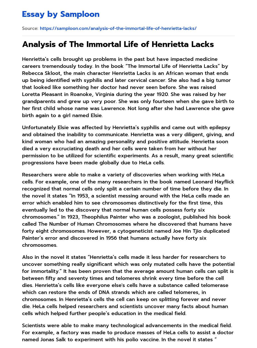 ≫ analysis of the immortal life of henrietta lacks free essay sample on