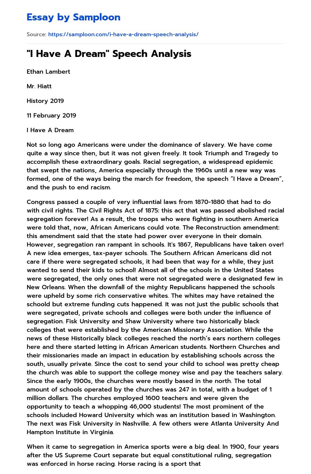 ≫ "i have a dream" speech analysis free essay sample on samploon.com
