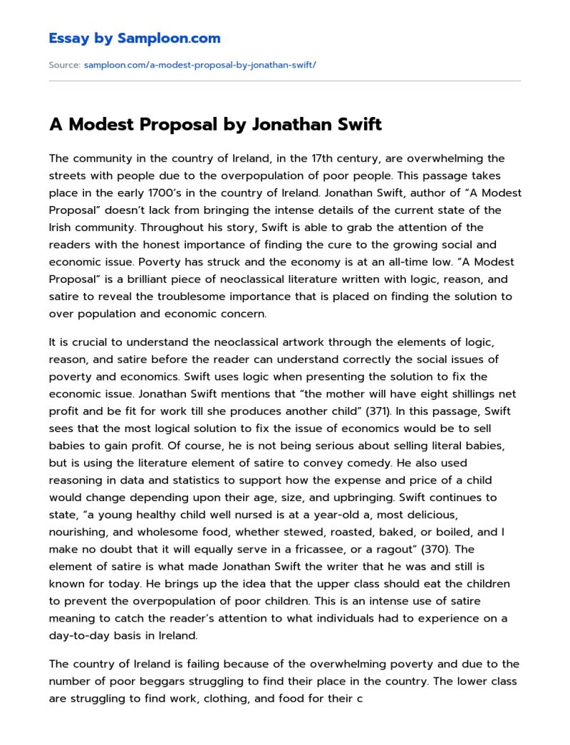 Jonathon Swift A Modest Proposal Free Essay Example - Premium City Photo Gallery - Mobile