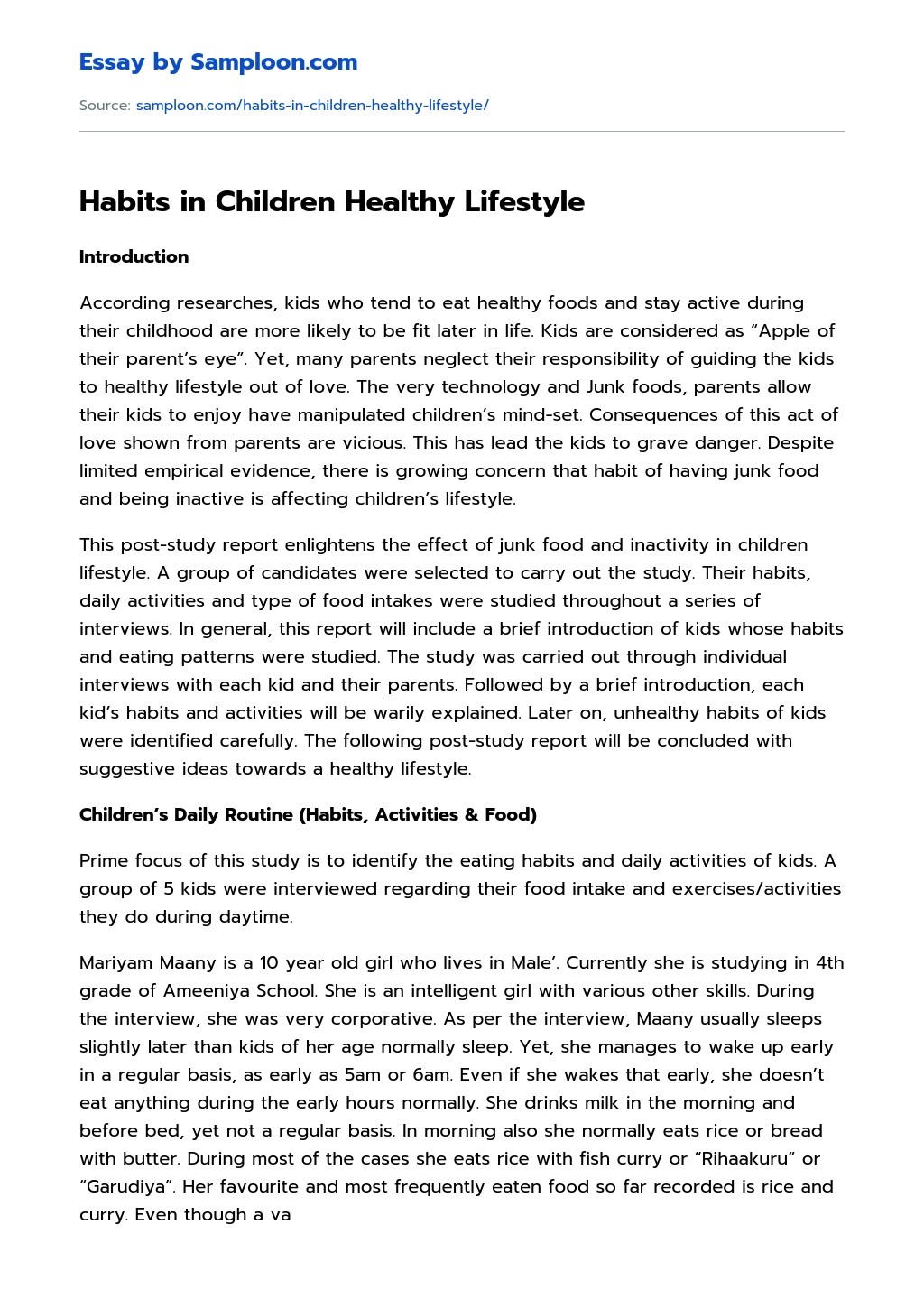 Knowing how to write a college essay is a useful skill for anyone who plans to go to college. Habits In Children Healthy Lifestyle Free Essay Sample On Samploon Com