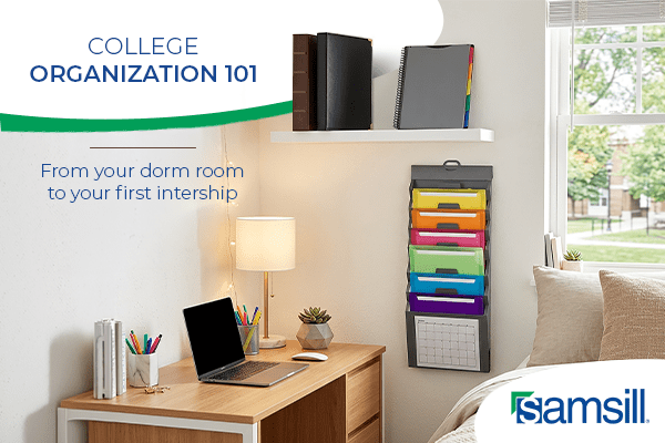 Dorm room study corner with laptop, desk lamp, and a rainbow file organizer beside a window; title 'College Organization 101'.