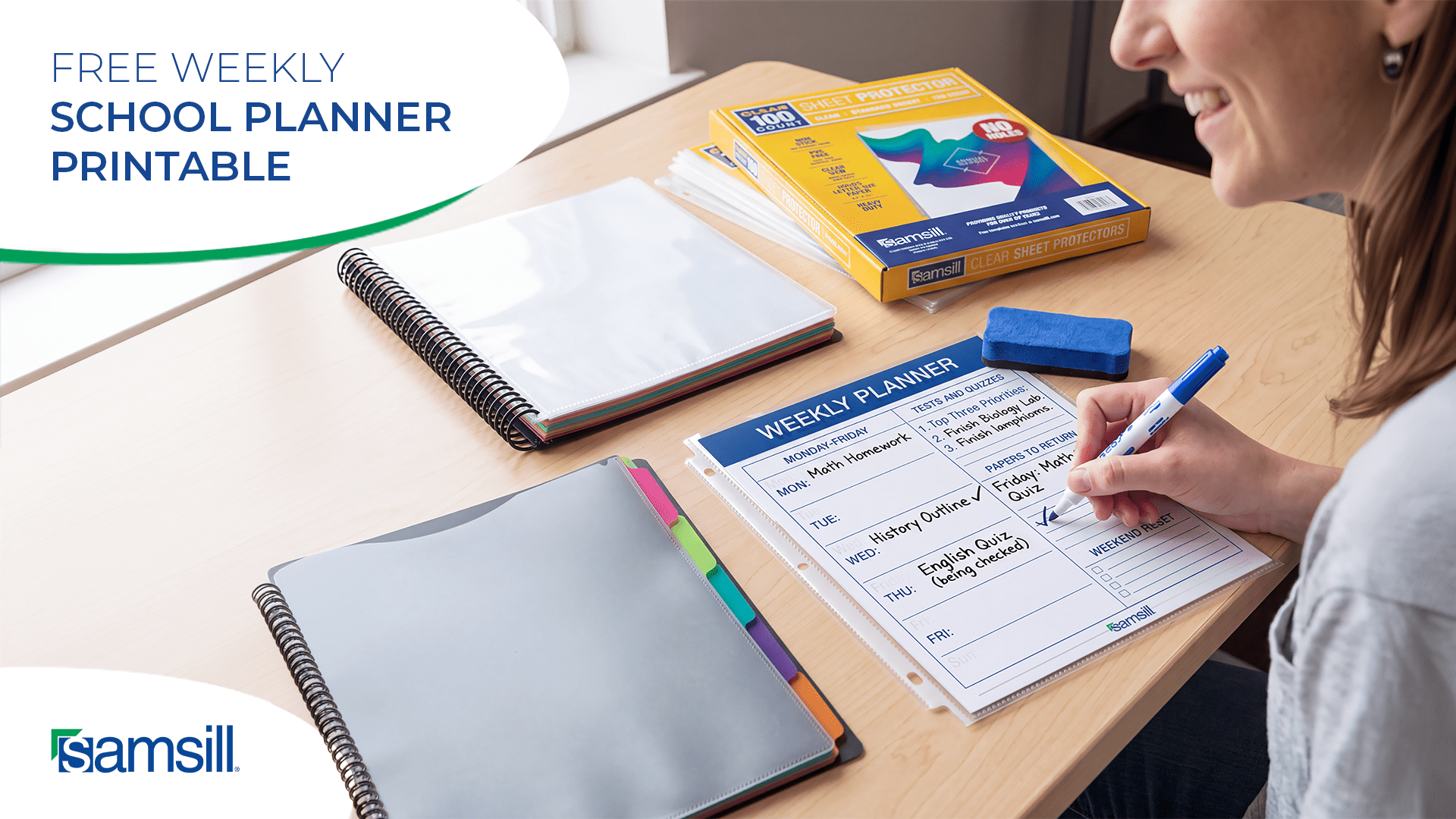 Student Fills out a Weekly Planner on a Desk with School Supplies and a Samsill Logo in the Corner Promoting a Free Weekly School Planner Printable
