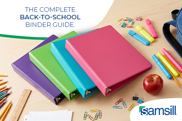 Colorful Stack of Ring Binders on a Desk with School Supplies and the Caption the Complete Back to school Binder Guide Alongside the Samsill Logo