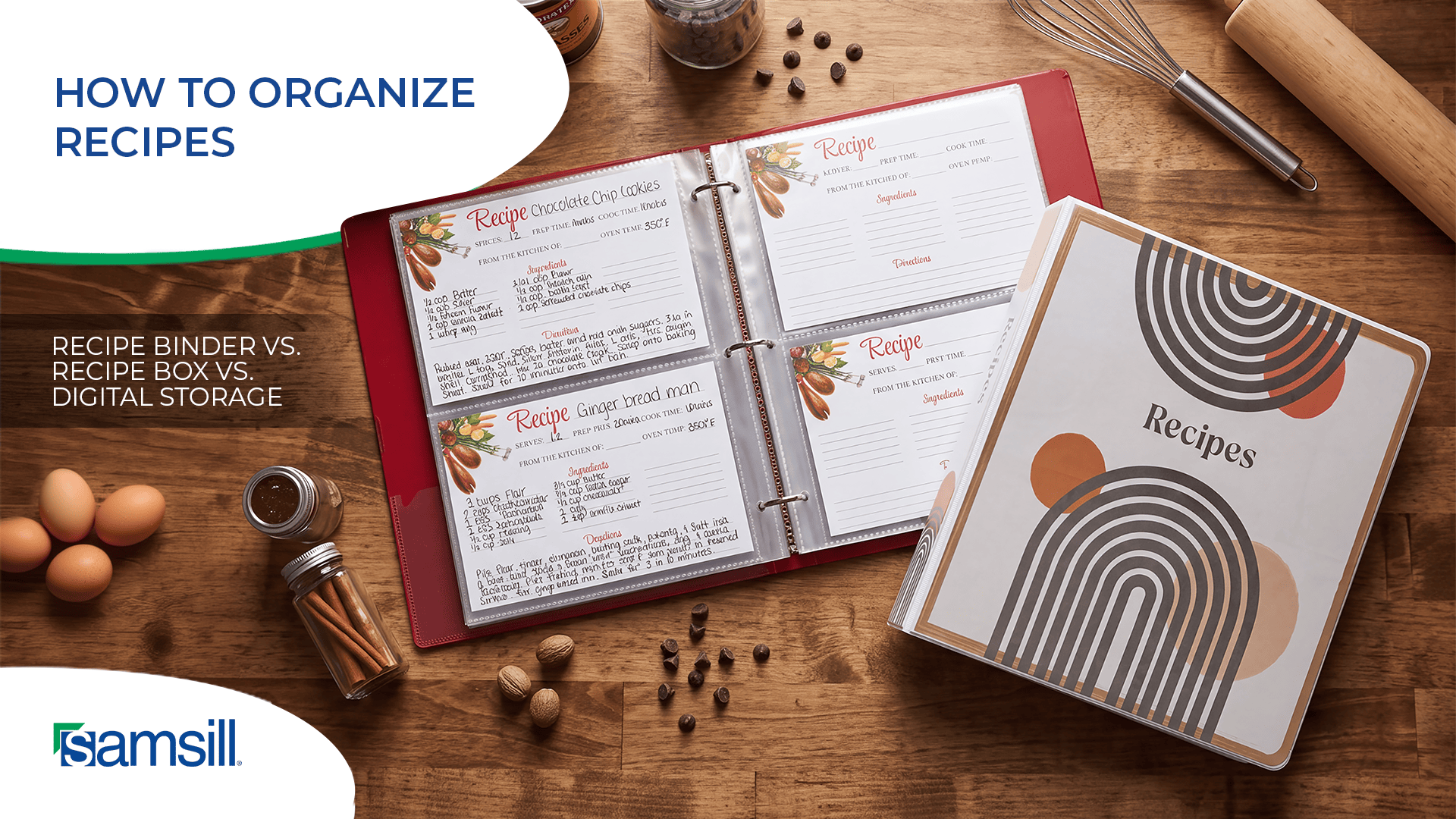 Open Red Recipe Binder on a Wooden Table with Recipe Pages a Recipe Notebook and Kitchen Tools Illustrating Recipe Organization
