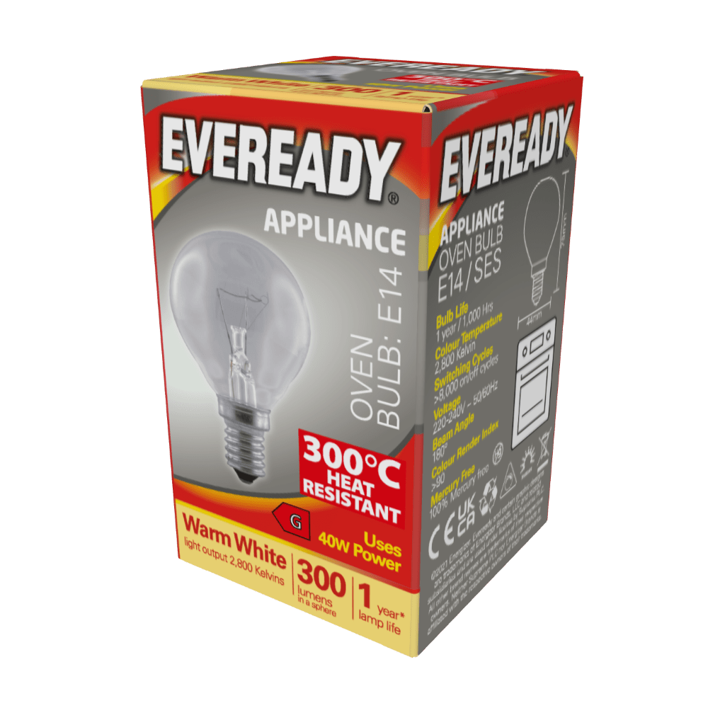 S1024 Eveready Oven Lamp E14 (SES) 300lm 40W 3,000K (Warm White), Box of 1 - 300C Heat Resistant