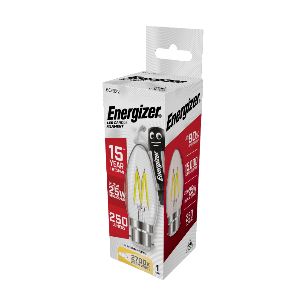 S12866 Energizer LED Filament Candle B22 (BC) 250lm 2.3W 2,700K (Warm White), Box of 1
