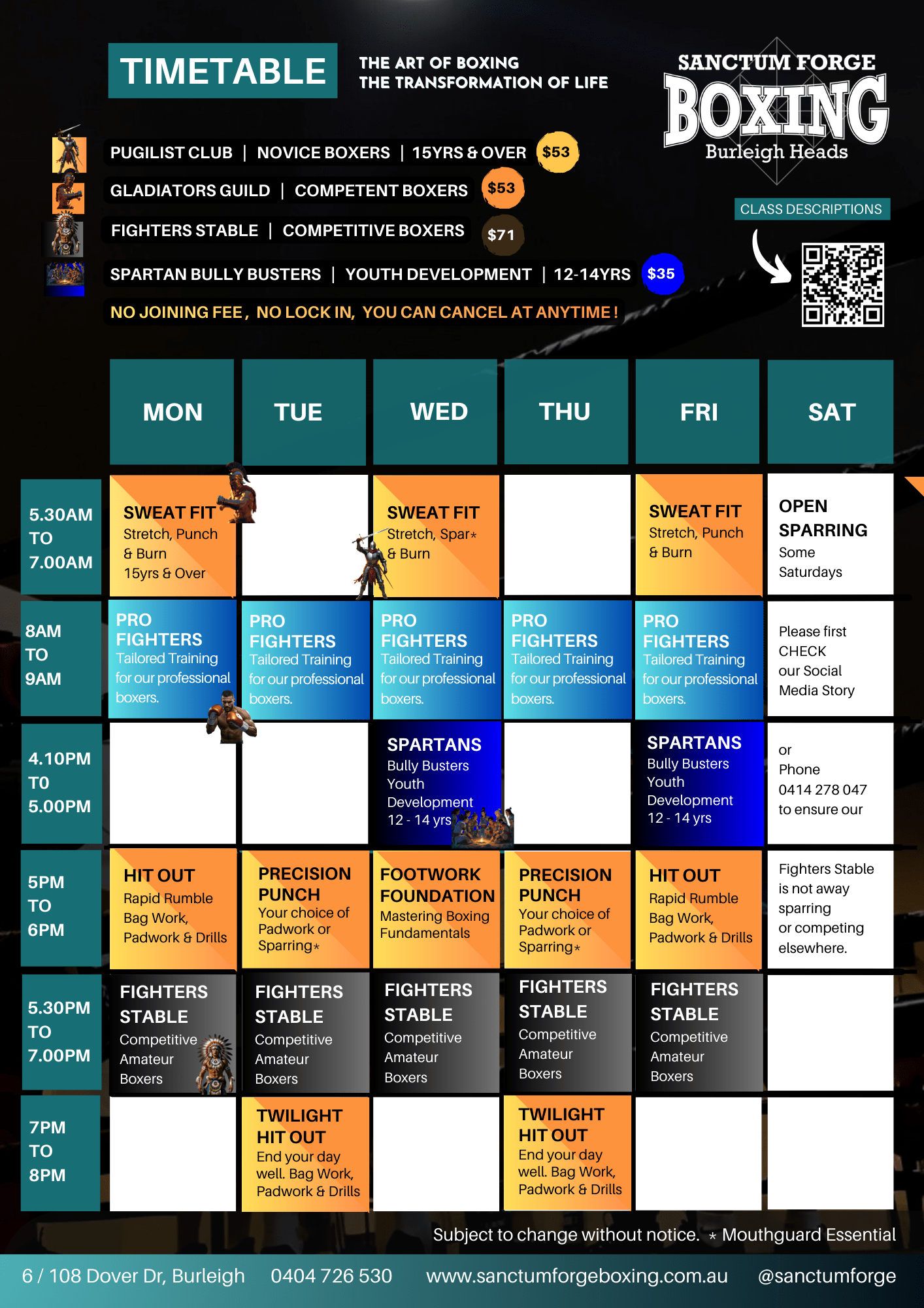 Sanctum Forge Boxing Class Timetable