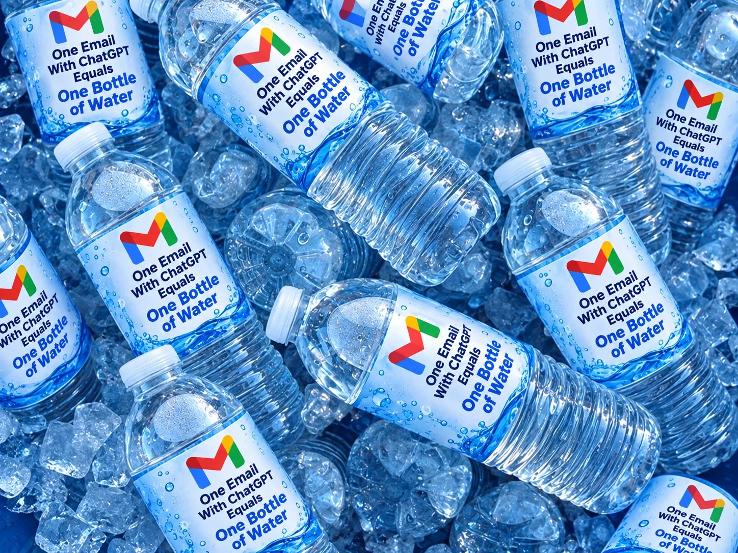 Several clear plastic water bottles are embedded in a bed of crushed ice. Each bottle has a white label featuring a colorful 'M' logo and the text: "One Email with ChatGPT Equals One Bottle of Water".