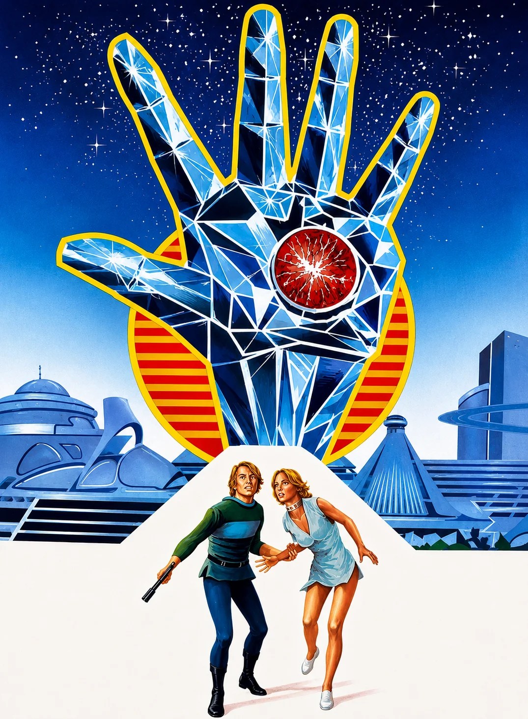 A painted movie poster shows a young man and woman running forward, holding hands, against a futuristic city background. The man on the left wears a green tunic, blue pants, and black boots, holding a weapon, with a determined expression. The woman on the right wears a light blue, short, flowing dress and white shoes, looking back over her shoulder with a concerned expression. Behind them are stylized blue and white futuristic buildings with geometric shapes.