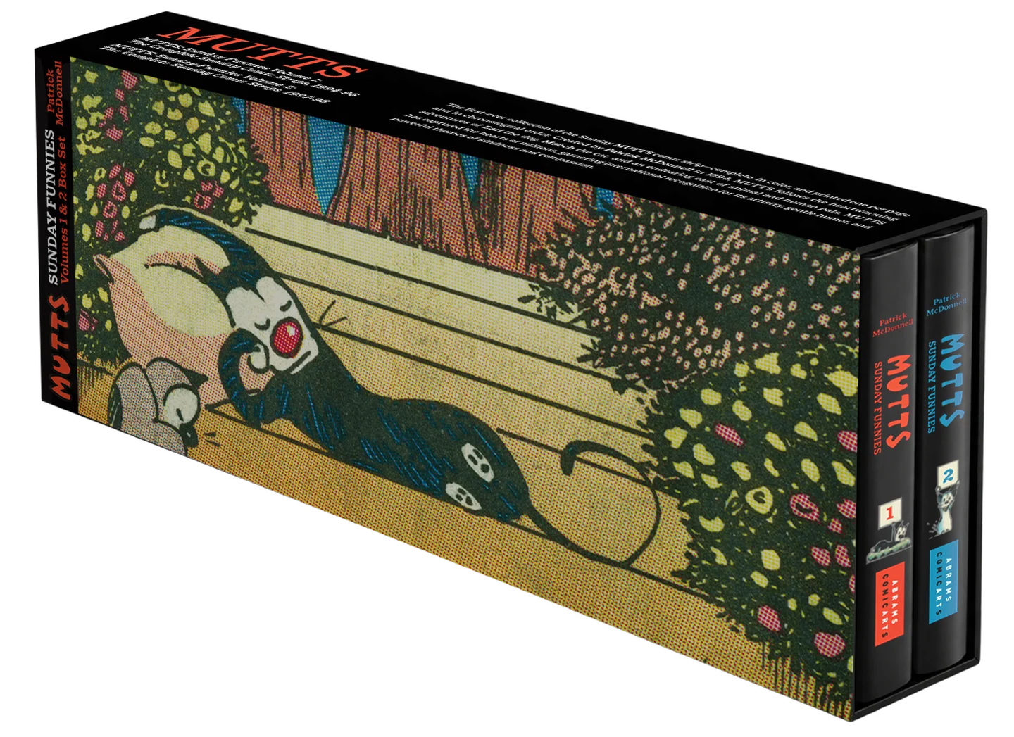 The cover of 'Mutts Sunday Funnies Volume 2' features a light tan background. On the left, a black and white cat (Mooch) and a white dog (Earl) are napping on steps outside a house with blue curtains. On the right, the title 'Patrick McDonnell MUTTS SUNDAY FUNNIES Volume 2' is displayed, with a small blue dog (Earl) singing happily at the bottom right, and a thought bubble with a cat (Mooch) in the upper left.