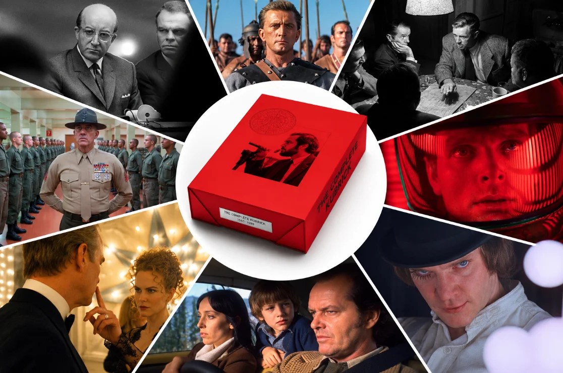 A red boxed set containing the Stanley Kubrick Masterpiece Collection sits at the center, surrounded by stills from iconic films like The Shining, A Clockwork Orange, 2001: A Space Odyssey, and Full Metal Jacket, showcasing various characters and dramatic scenes.