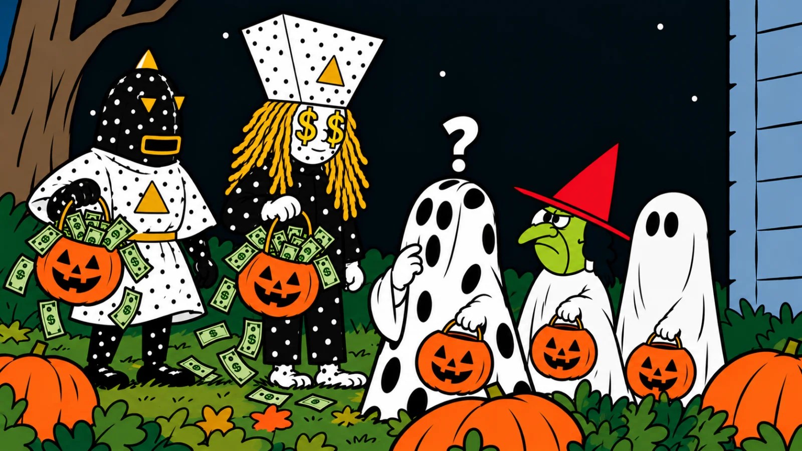 Five children in various Halloween costumes go trick-or-treating at night, carrying jack-o'-lantern buckets, with the two on the left noticeably receiving piles of cash instead of candy.