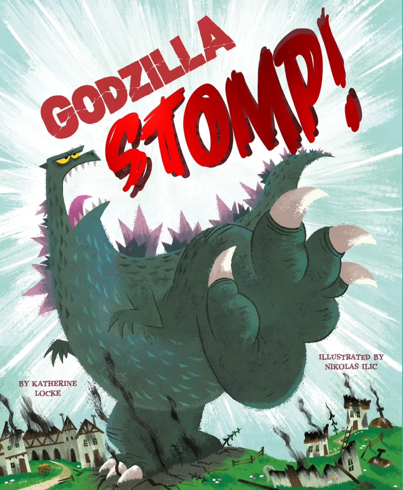An illustration of a giant monster's foot descending with the text "Godzilla, STOP. Not STOMP!", while a terrified gingerbread man is trapped underneath one of its massive, sharp-clawed toes.