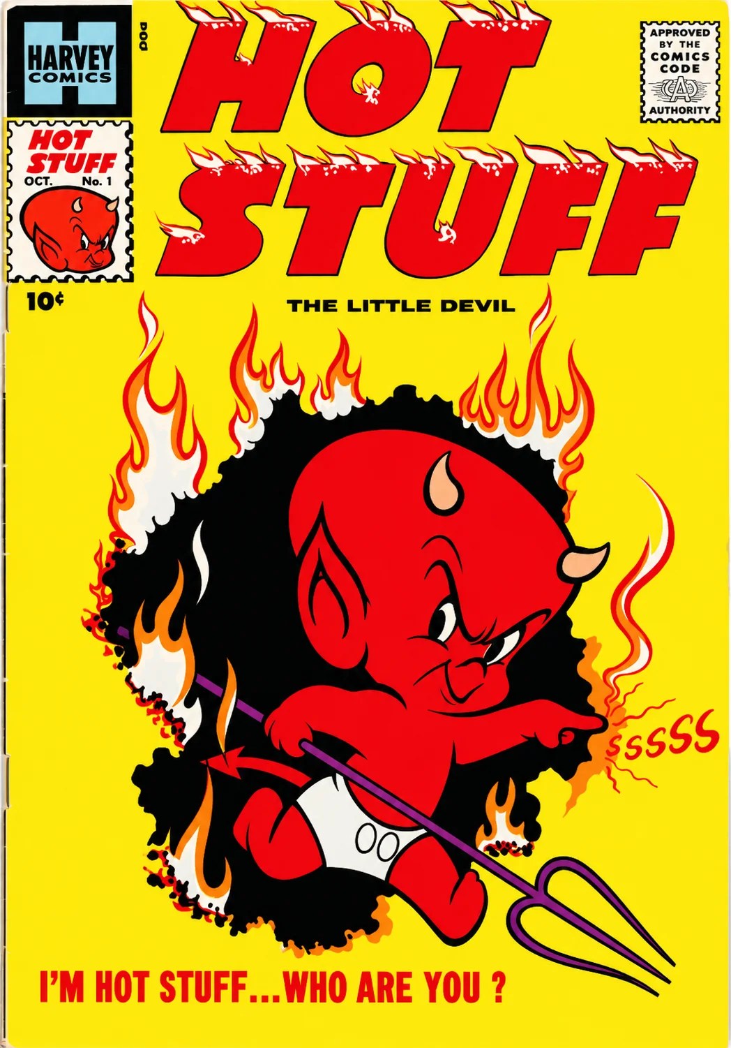 Cover of a vintage comic book featuring Hot Stuff, a small red devil character with horns and a diaper, holding a pitchfork against a yellow background with flames.