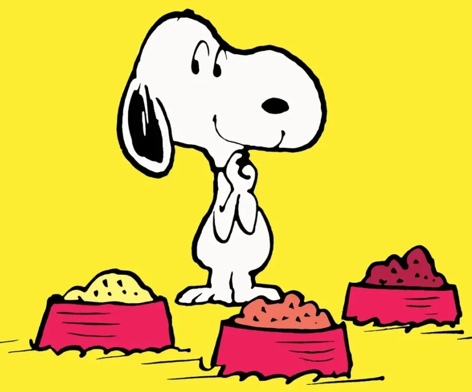 Snoopy, the white beagle from Peanuts, stands on a bright yellow background, looking down with a happy, expectant expression. His paws are clasped together in front of him, and he is surrounded by three red dog bowls filled with different kinds of food.