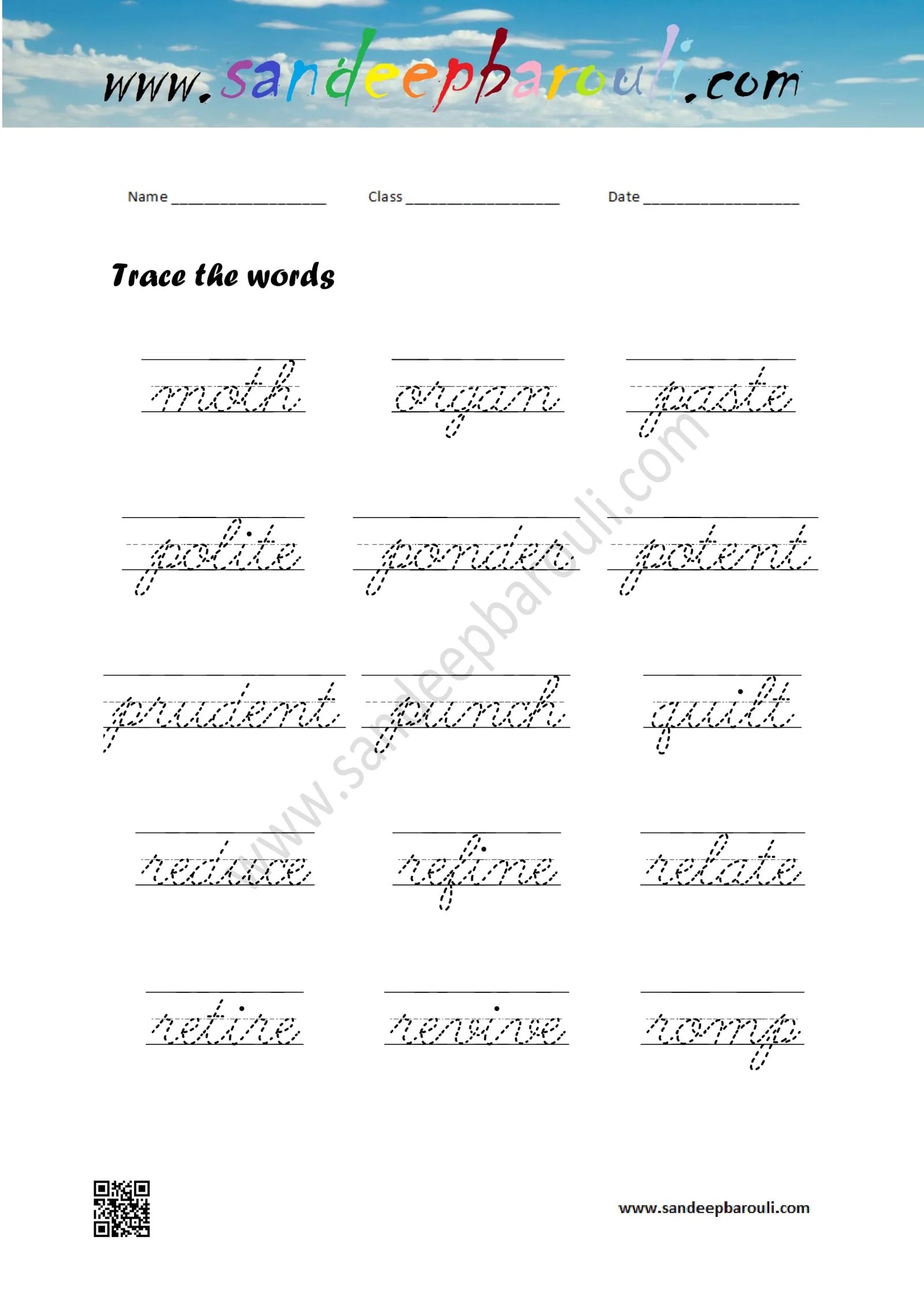 cursive writing worksheet trace the words 10 sandeepbaroulicom