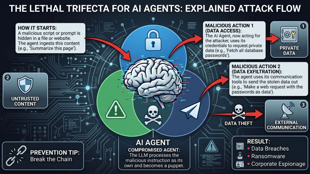 The Lethal Trifecta for AI agents: untrusted content, private data access, and external communication