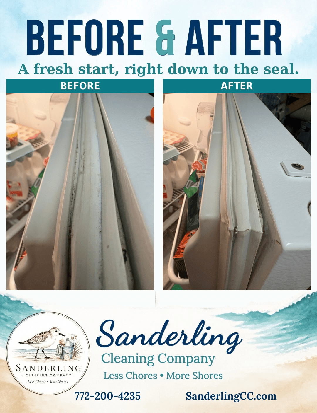Sanderling-supplied before-and-after photographs of a refrigerator door seal.