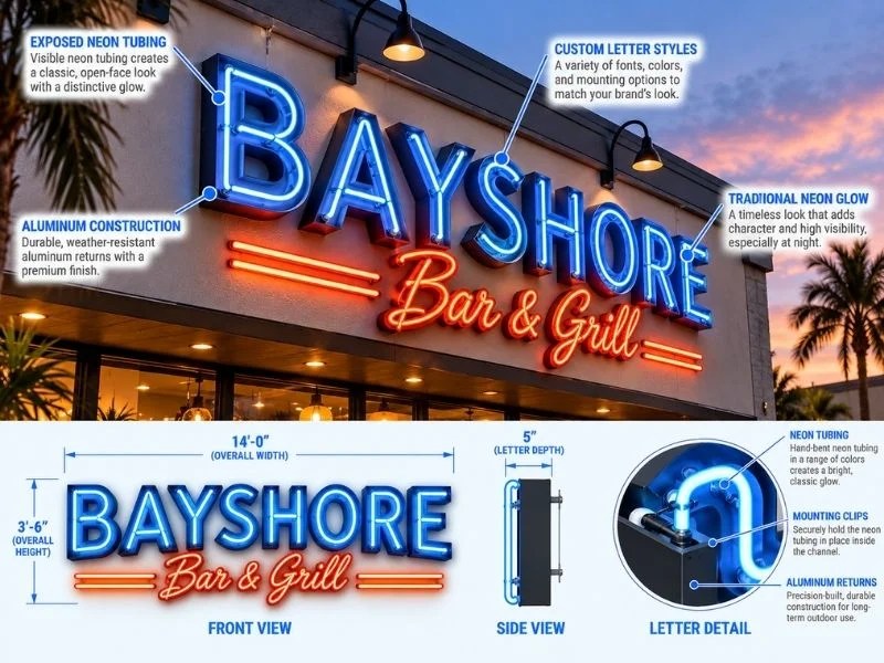 San Diego exposed neon channel letters featuring open-face neon tubing with a classic illuminated storefront look