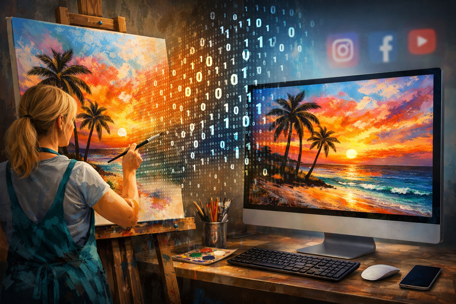 Image of artist painting turning into computer presentation