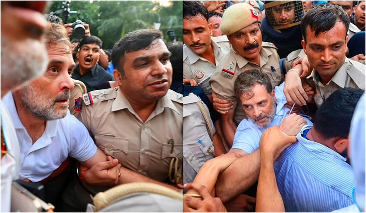 Two-panel image of police officers restraining two men during a crowd incident; left panel shows an officer gripping a man in a white shirt amid bystanders, right panel shows officers and bystanders pulling a man in a blue shirt away.