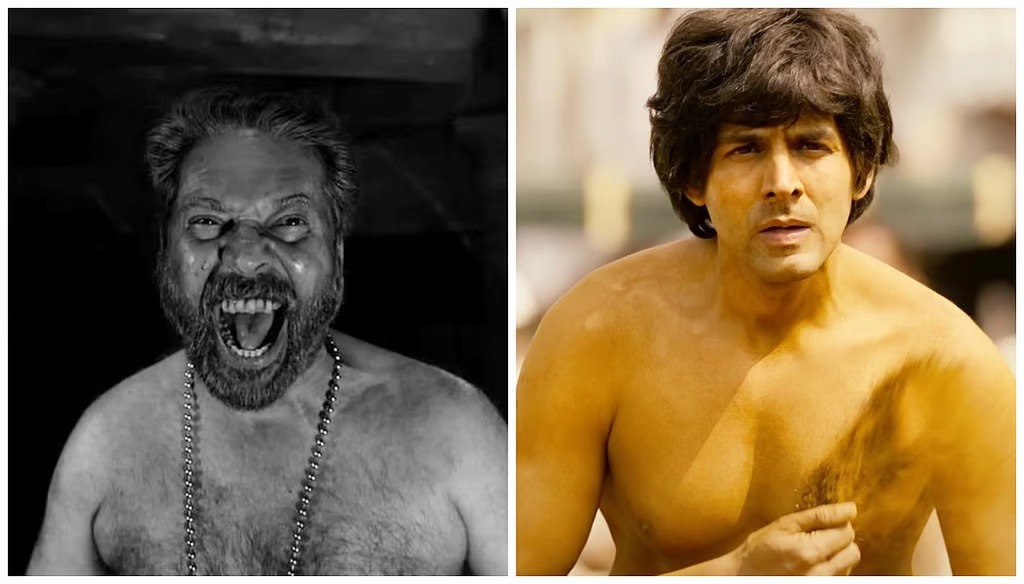 Two shirtless men side by side; left is a black-and-white portrait of an angry man shouting with a beard, right is a color image of a serious man with dark hair outdoors.