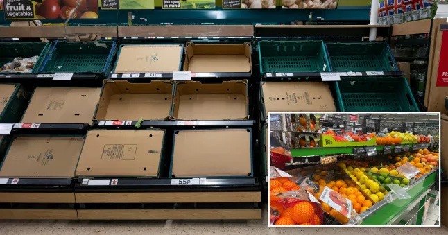 Produce aisle with empty display crates on shelves; inset shows a colorful assortment of citrus and other fruit in bins.