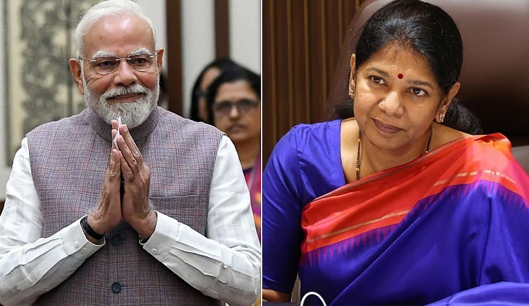Split image showing two people: on the left an older man with white hair and beard, wearing a light shirt and vest, hands pressed together in a namaste gesture; on the right a woman in a blue saree with a red border, looking to her left.