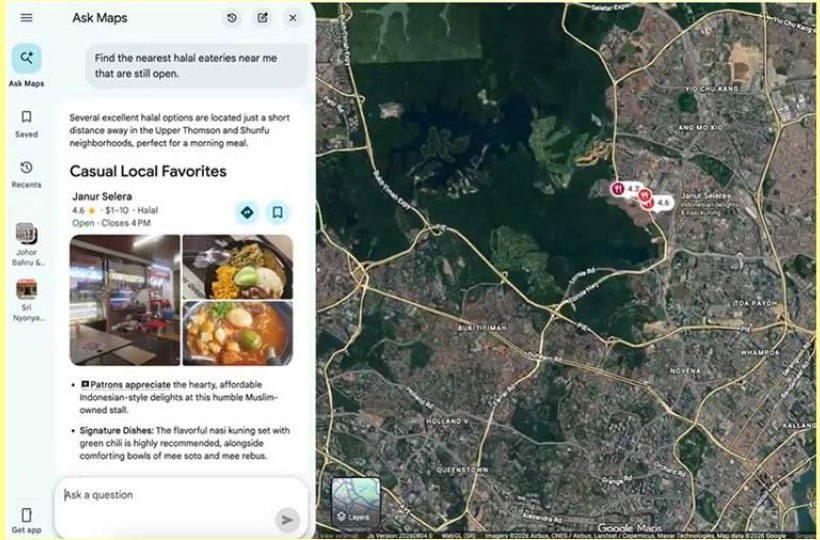 Split-screen map view: left panel shows Ask Maps with casual local favorites and photos; right side displays a satellite street map around a city.