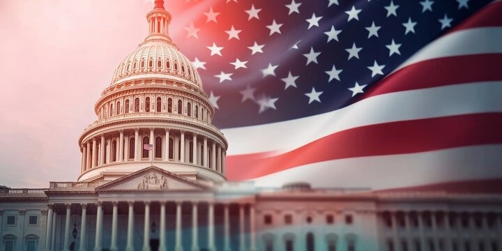 The U.S. Capitol building with a large American flag waving behind it, symbolizing the U.S. government.