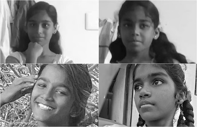 Top left: young girl with her chin resting on her hand, looking at the camera.