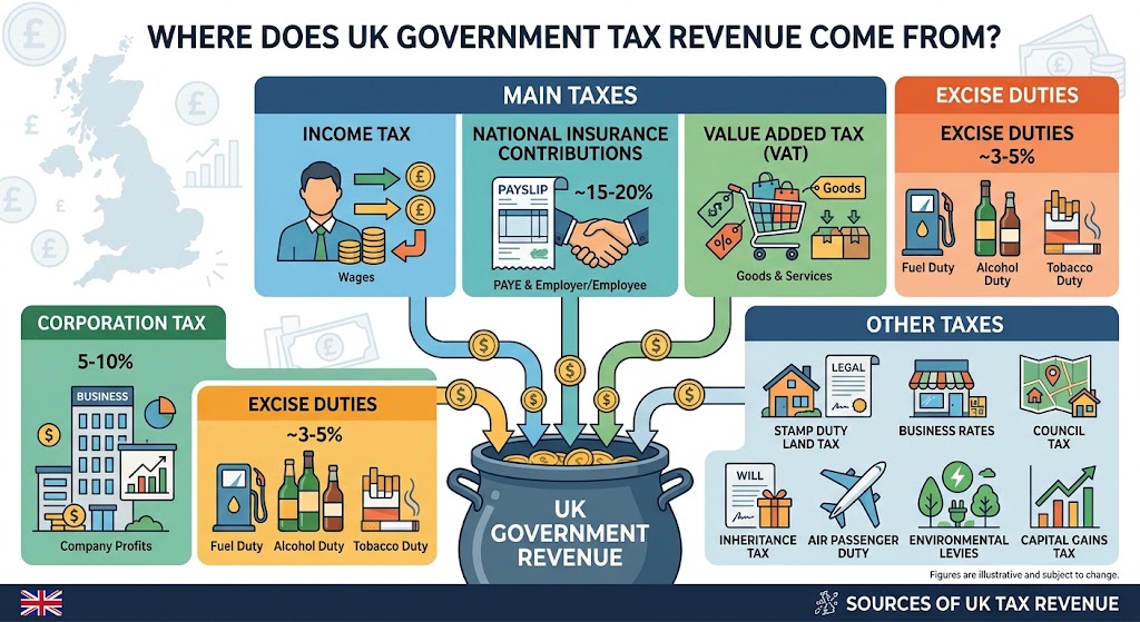 Infographic showing how UK government revenue is raised from main taxes (income tax, national insurance, VAT) and other taxes and duties like corporation tax and excise duties.